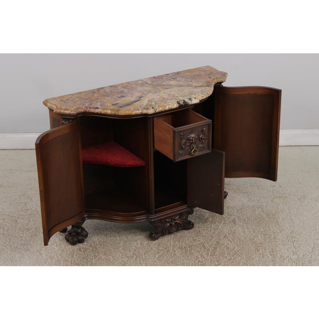 Vintage Louis XV Style Carved Inlaid Commode Server W. Marble Top For Sale - Image 4 of 18