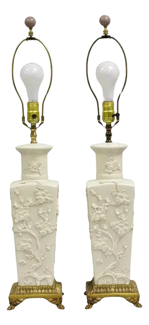 Vintage Chinoiserie Porcelain "Cherry Blossom" Blanc De Chine Table Lamps - Pair