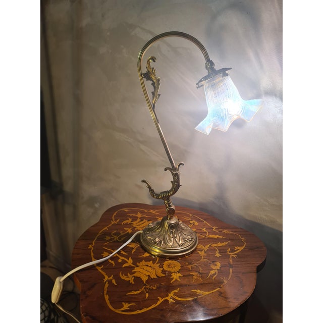 Bronze and Brass Lamp with Molded Opalescent Tulip Shade, 1900s For Sale - Image 3 of 9