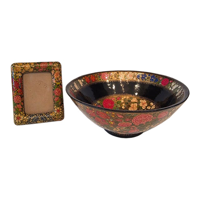 Large Kashmiri Laquerware Papier Mache Bowl and Picture Frame For Sale