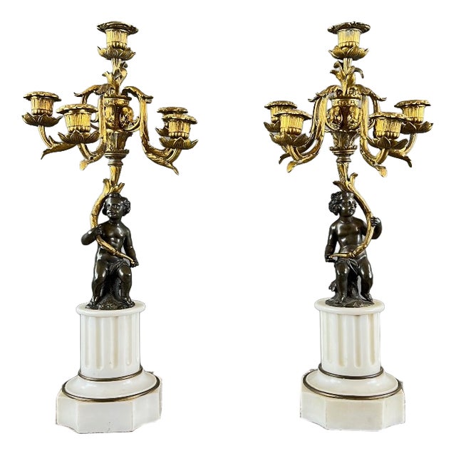 Napoleon III Bronze and Marble Candelabra, Set of 2 For Sale
