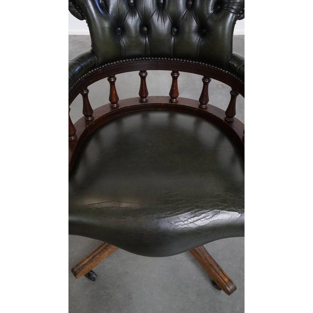 Dark Green Cowhide and Wooden Height Adjustable Swivel and Tilt Chesterfield Office Chair For Sale - Image 6 of 17