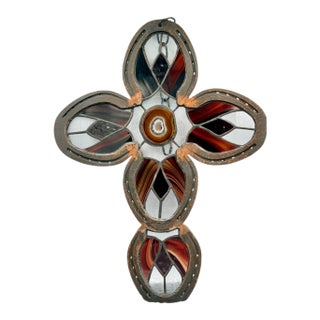 1970s Rustic Handcrafted Horseshoe Stained Glass & Agate Cross Wall Decor Cross For Sale