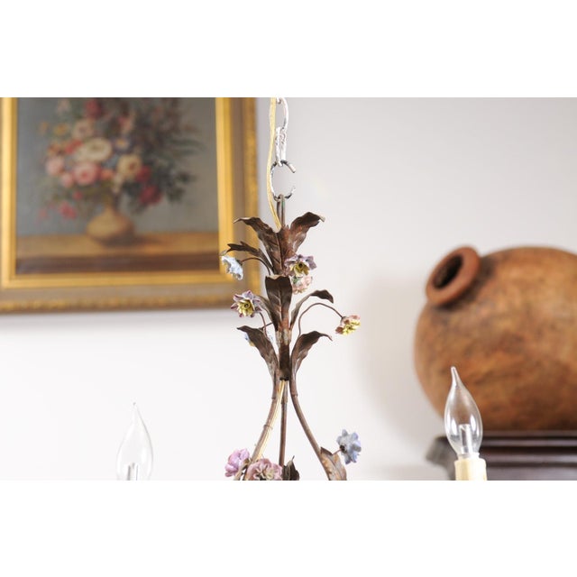Metal Early 20th Century Baroque Style French Three-Light Porcelain Chandelier with Blue and Pink Flowers For Sale - Image 7 of 12