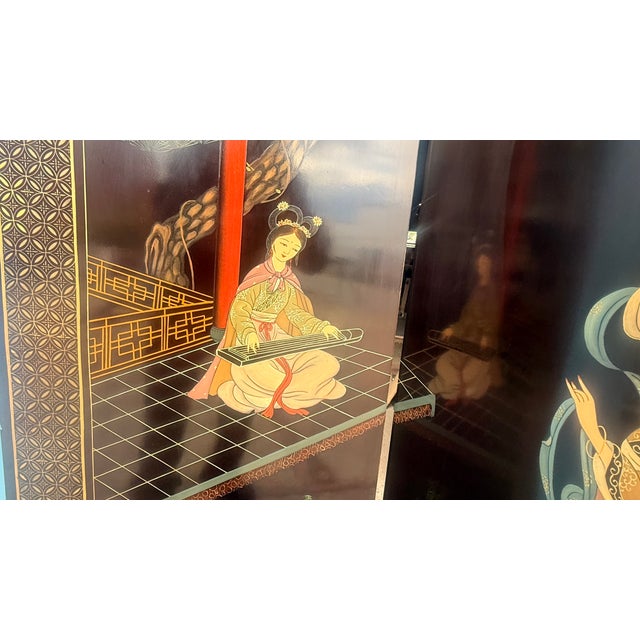Vintage Chinese Chinoiserie Four-Panel Hand-Painted Black Lacquer Folding Screen For Sale - Image 13 of 14