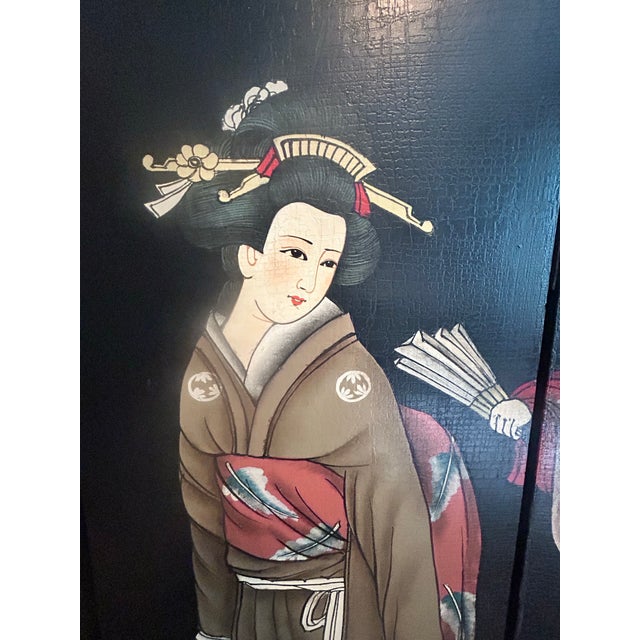 Paint Vintage Chinoiserie Hand-Painted, Double-Sided 48”x48” Folding Screen For Sale - Image 7 of 8