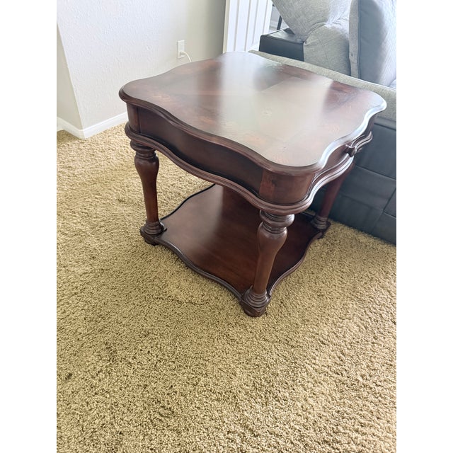 Late 20th Century Pair of Ornate Two-Tier Square Side Tables – Scalloped Parquet Top For Sale In Houston - Image 6 of 9