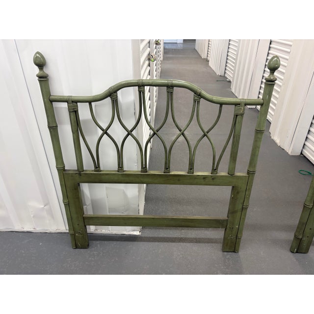 Pair 1960s Ficks Reed Attributed Twin Headboards Original Green Speckle Painted Rattan For Sale - Image 4 of 12