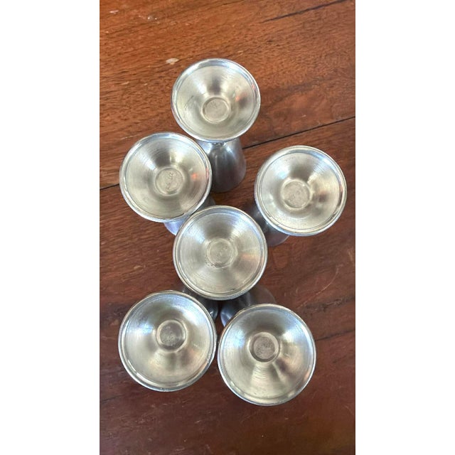 Vintage Mid-Century Modern Pewter Cordials Elegant Dining Barware Entertaining - Set of 6 For Sale - Image 4 of 8