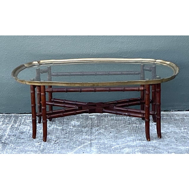 Chinoiserie Vintage Carved Bamboo Coffee Table With Brass Framed Glass Top For Sale - Image 3 of 12