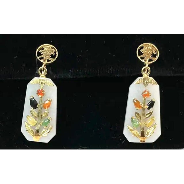 White Multicolor Jade Asian Dangle Earrings, 14k Gold For Sale - Image 8 of 9
