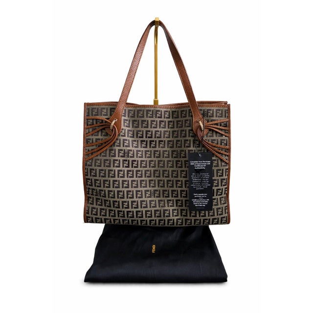 Metal Fendi Zucchino Canvas and Brown Leather Tote Bag – Archival 2006 Edition For Sale - Image 7 of 15