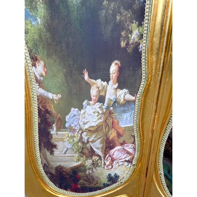 20thC French Louis XVI Gold Beech Scenic Room Divider Screen - 3 Panels For Sale - Image 13 of 18
