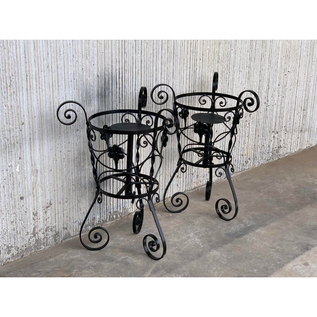 20th Century Set of Two Black Wrought Iron Painted Adjustable Plant Stands For Sale - Image 10 of 12