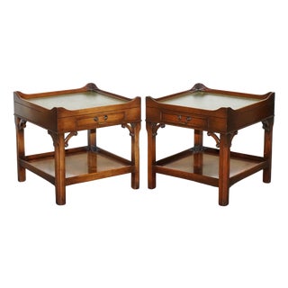 Bedside Tables with Green Leather Top For Sale