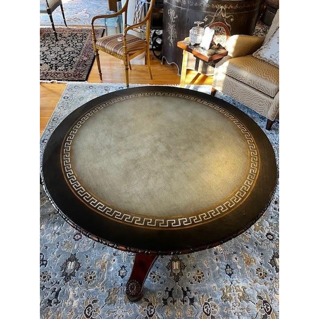 Attributed to Hekman Leather Top Center Table, Hand Painted Greek Key Design. Unmarked.