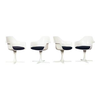 Mid-20th Century Mid Century Modern Tulip Swivel Armchairs White Shell & Black Cushions by Burke Set of 4 For Sale
