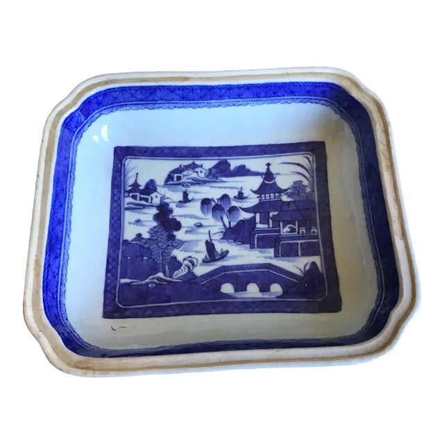 Antique 19th Century Chinese Blue White Canton Export Porcelain Vegetable Dish For Sale