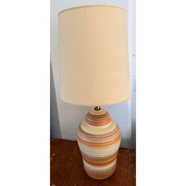 Turned Studio, Pottery Ceramic Lamp, Striped Orange, and Cream Glaze With Shade.