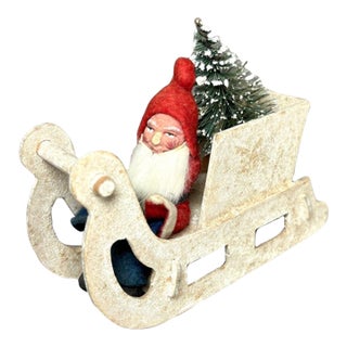 1940s Vintage German Putz Santa in Snowy Sleigh With Bottle Brush Tree For Sale