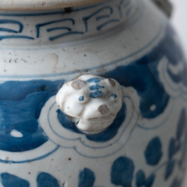Early 21st Century Pair of Chinese Blue and White Glazed Jars With Foo Dog Finials For Sale - Image 5 of 10