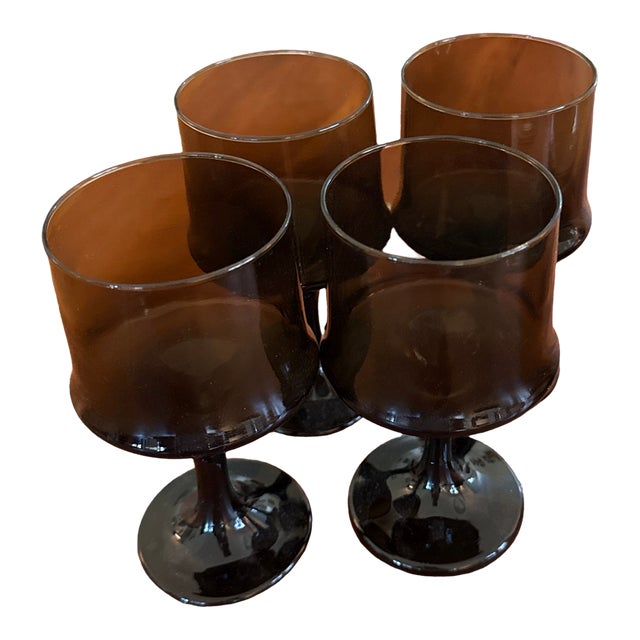 1960s Mid-Century Modern Hand-Blown Italian Empoli "Chocolate Sienna" Wine Goblets - Set of 4 For Sale