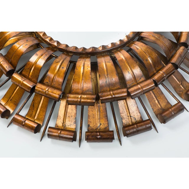 1950s Large Round Gilt Metal Sunburst Mirror With Leafed Frame and Backlight For Sale - Image 4 of 13