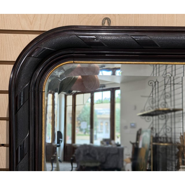French Large Arch-Top Ebonized Beveled Wall or Hall Mirror (H 49 5/8 X W 64 1/4) For Sale - Image 3 of 9