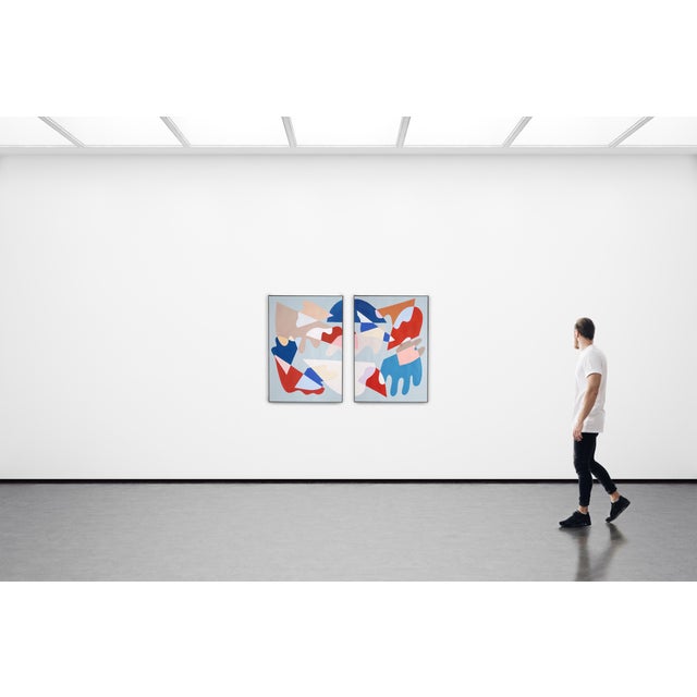 2025, Abstract Memphis Floating Shapes, Shattered Tiles, Large Diptych in Red and Blue, Acrylic Painting on Watercolor Paper by Ryan Rivadeneyra For Sale In Miami - Image 6 of 9