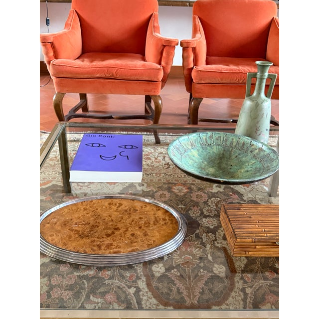 Art Deco burl wood tray France 1930s wood, aluminum 3 cm H 50 × 32 cm Conditions: excellent consistent with age and use....