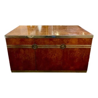 Italian Burl Walnut and Brass Credenza After Pierre Cardin For Sale