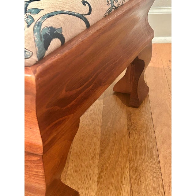 Brown Vintage Empire Style Maple Footstool With Blue and White Linen Upholstery For Sale - Image 8 of 12