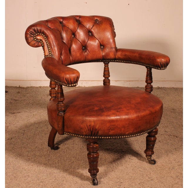Small Vintage Armchair in English Cognac Mahogany and Leather, 1800s For Sale - Image 15 of 15