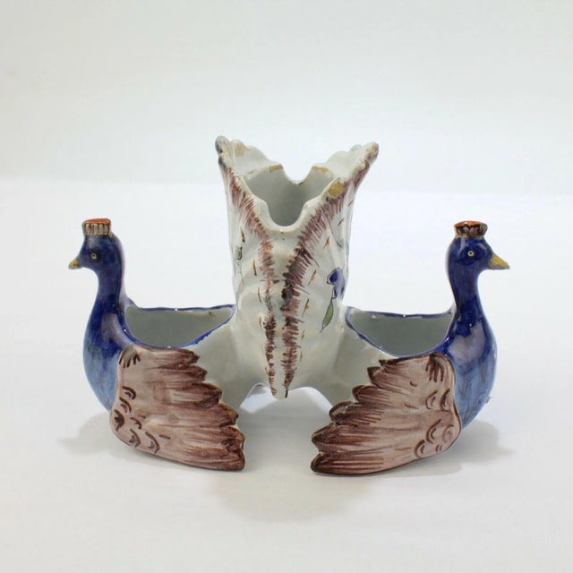 Ceramic Antique Figural French Faience Pottery Peacocks Double Salt Cellar For Sale - Image 7 of 13