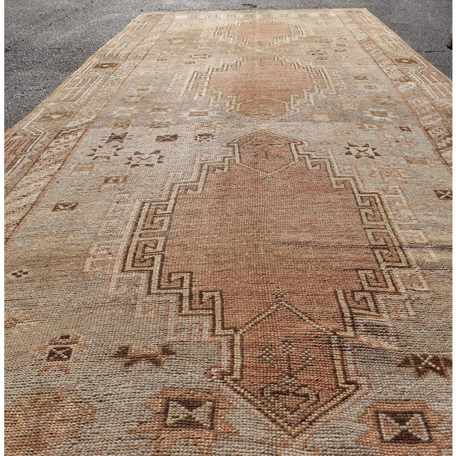 Tribal Antique Turkish Kars Oushak Gallery Rug With Geometric Medallion Design For Sale - Image 3 of 11