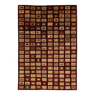 Modern Geometric Grid Hand-Knotted Wool Area Rug in Deep Burgundy & Earth Tones For Sale