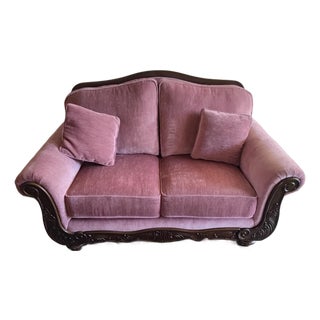 Vintage Hollywood Regency Style Carved Wood Pink Upholstered Loveseat For Sale