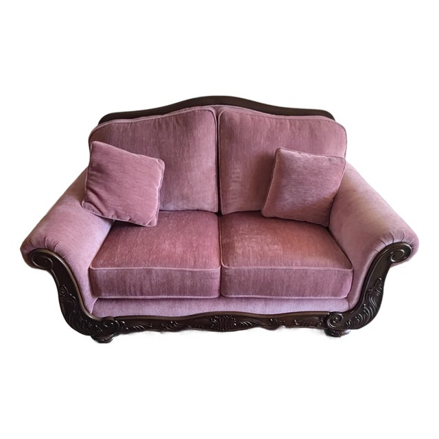 Vintage Hollywood Regency Style Carved Wood Pink Upholstered Loveseat For Sale