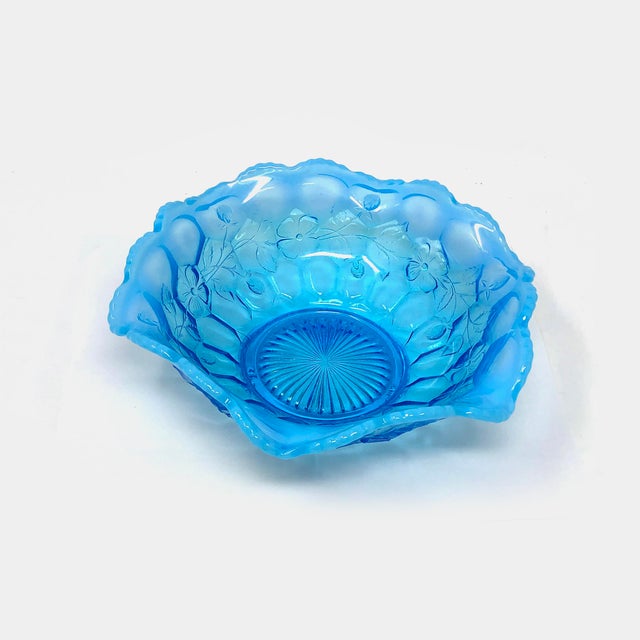 American Antique Fenton Blue Opalescent Honeycomb & Clover Fluted Crimped Glass Bowl For Sale - Image 3 of 5