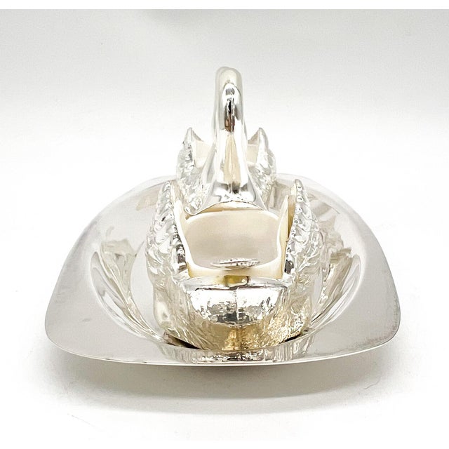Mid 20th Century Venetian Italian Silver Plated Swan Salt Cellars With Tray & Spoons — Hollywood Regency, Mid-Century Silverplate - Set of 6 For Sale - Image 9 of 16