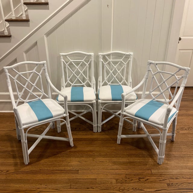Mid 20th Century Vintage Palm Beach Regency Style Striped Rattan Chairs - Set of 4 For Sale - Image 13 of 13