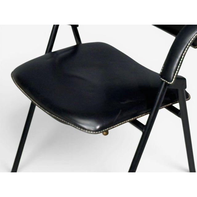 Jacques Adnet Attr., Desk and Folding Chair, Black Leather, Brass, France, 1950s For Sale - Image 14 of 18