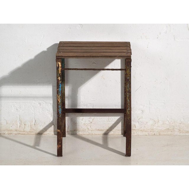 Antique Industrial Stool in Pine Wood and Iron, Central Europe, 1950 For Sale - Image 4 of 8