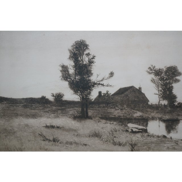 Antique Edward Loyal Field Signed Farmhouse Pond Windmill Landscape Etching 29" For Sale - Image 11 of 14