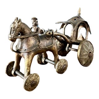 Antique Cast Metal Temple Toy , Early 20th Century Horse & Carriage Sculpture For Sale