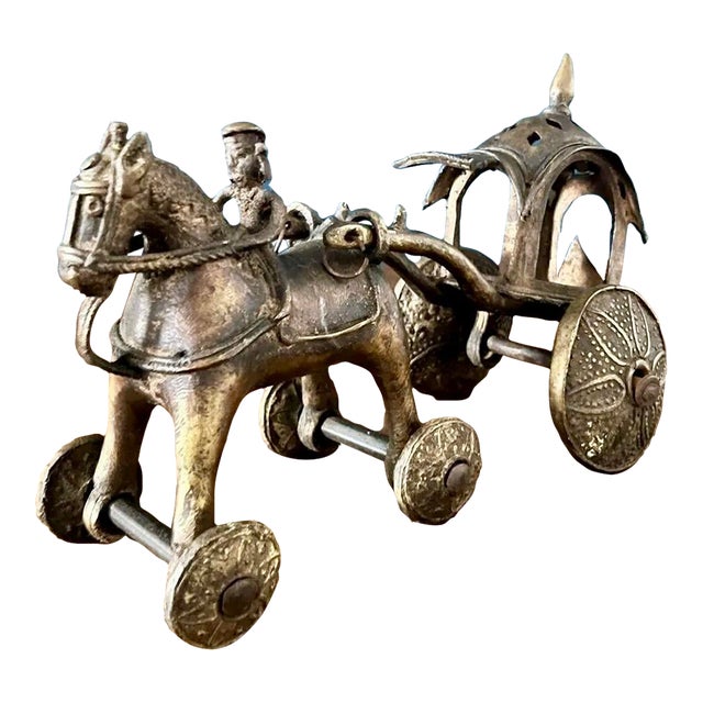 Antique Cast Metal Temple Toy , Early 20th Century Horse & Carriage Sculpture For Sale