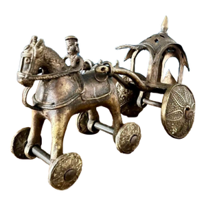Antique Cast Metal Temple Toy , Early 20th Century Horse & Carriage Sculpture