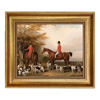 The Meeting Fox Hunt Scene Oil Painting Print Reproduction on Canvas in Antiqued Gold Frame For Sale