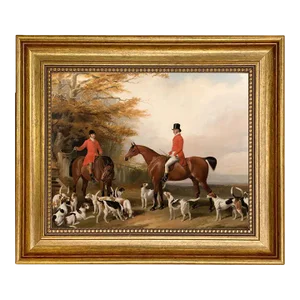 The Meeting Fox Hunt Scene Oil Painting Print Reproduction on Canvas in Antiqued Gold Frame