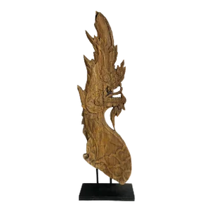 19th Century Thai Wood Naga Roof Finial Sculpture on Iron Stand 33.5" H